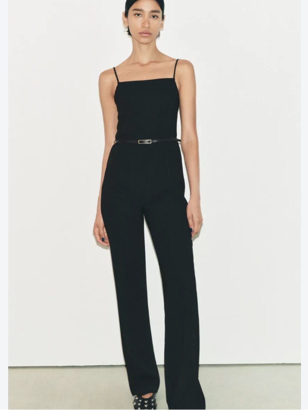 Zara NWT Black Wide Leg Belted Jumpsuit Sleeveless Size Small